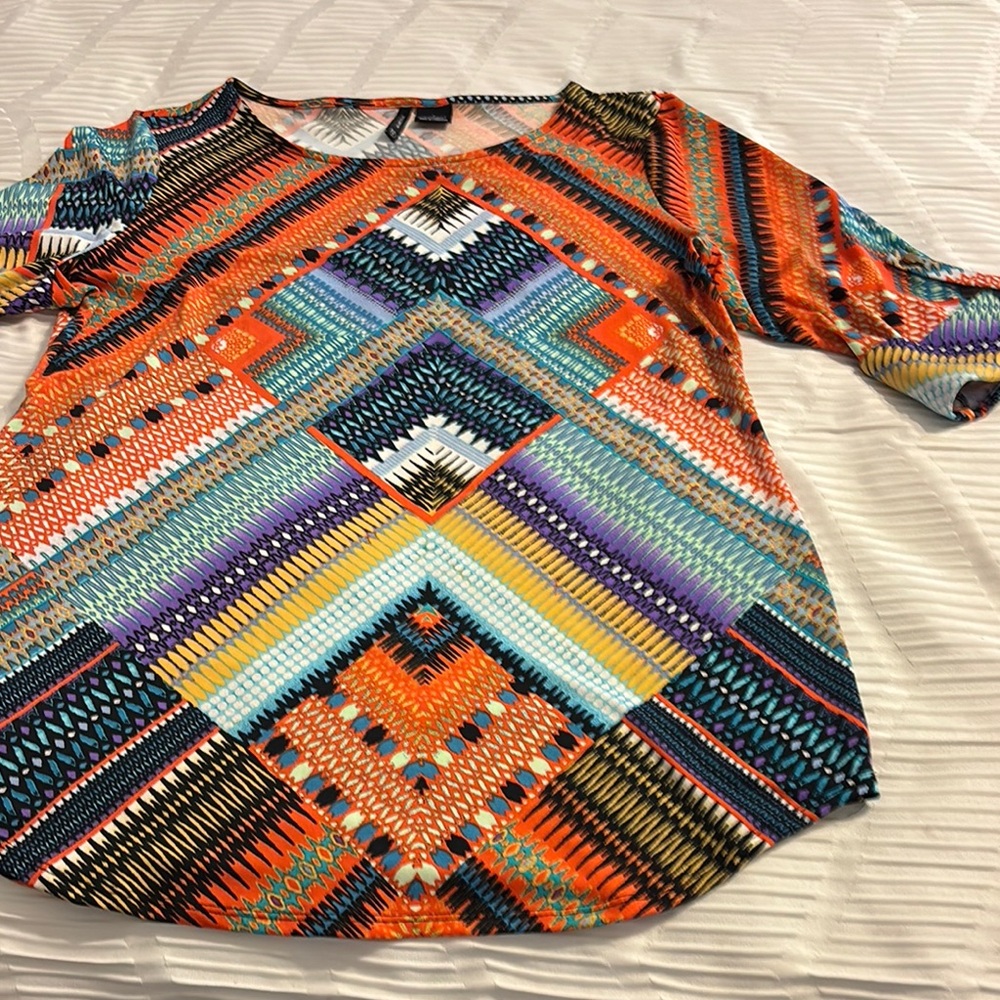 New Directions Graphic Orange and Blue Blouse 3/4 Sleeve